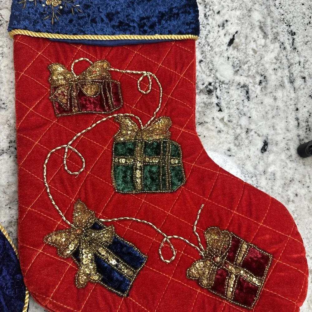 Christmas Stocking Blue/red Velvet With Sequined Design and Gold Beaded-‎ 2 VGT